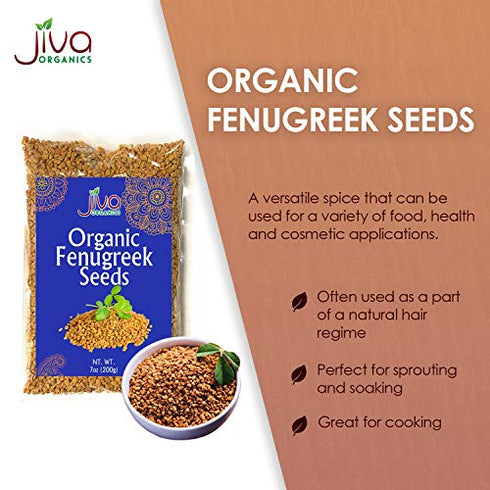 Jiva Organic Fenugreek Seeds 7 Ounce - Non-GMO, Fenugreek Seeds For Hair Growth, Cooking & Sprouting, Methi Seeds For Methi Dana Water, Fenogreco En Semillas, Whole Fenugreek Spice, Helba Seeds