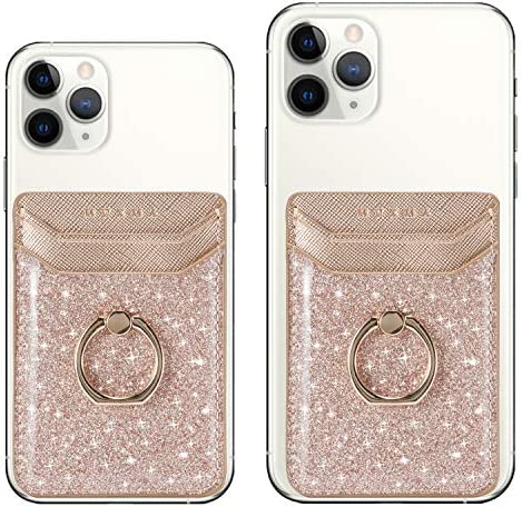 TOPWOOZU Phone Card Holder with Ring Grip for Back of Phone,Adhesive Stick-on Credit Card Wallet Pocket for iPhone,Android and Smartphones (Pink)