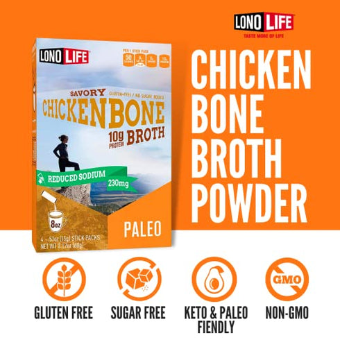 LonoLife - Reduced Sodium Chicken Bone Broth Sticks - 10g Collagen Protein - Gluten-Free - Keto & Paleo Friendly - Portable Individual Packets - 4 count