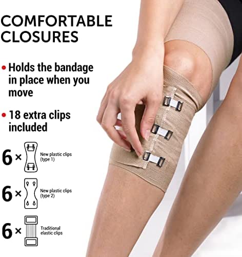 Premium Elastic Bandage Wrap - 2 Pack + 18 Extra Clips - Wide (6 inch) Compression Bandage - Stretches up to 15ft in Length