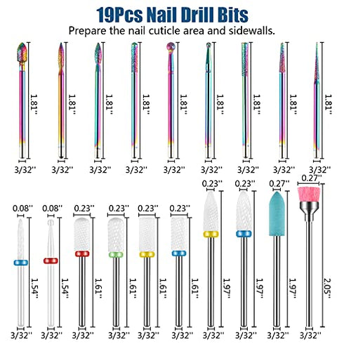 Depvko 19pcs Nail Drill Bits Sets, 3/32 Inch Diamond Cuticle Electric Nail File and Ceramic Acrylic Gel Nail Bit Kit,Nail Art Tools, Carbide Cuticle Remover Bits for Manicure Pedicure, Home Salon