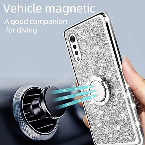for LG Velvet 5G Case (LM-G900), LG Velvet 5G UW Case Glitter Luxury Sparkles TPU Silicone Slim Cute for Women Girls with Kickstand, Bling Diamond Ring Stand & Strap Case for LG Velvet 5G (Silver)