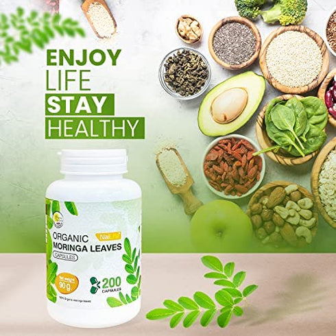Organic Moringa 200 Capsules 100% Pure Leaves Powder Greens Powder Vegetable Capsules