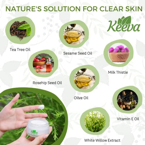 Acne Treatment Cream With Secret TEA TREE OIL Formula - Perfect For Fighting Breakouts, Spots, Cystic Acne, Acne Scar Removal - See Results in Days Without Dry Skin - by Keeva Organics (1oz)