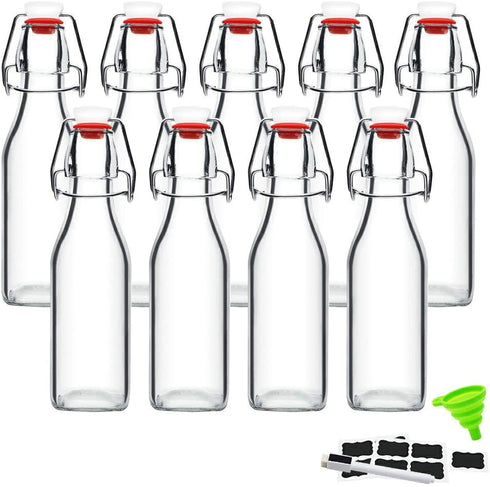 Swing Top Glass Bottles 8 oz with Airtight Lids for Home Brewing, Kombucha, Kefir, Vanilla Extract, Beer, Oil, Vinegar, Homemade Juices, Water,Soda Set of 9