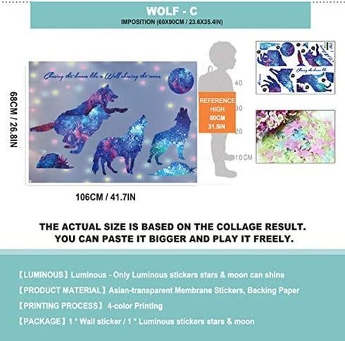 HO BEAR Starry Sky Galaxy Wolf Room Decor Wall Decal and Glow Moon Star Stickers Teen Bedroom Wall Decor Murals