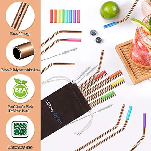 StrawExpert 16 Pack Rose Gold Reusable Metal Straws with Silicone Tip & Travel Case & Cleaning Brush,Long Stainless Steel Straws Drinking Straw for 20 and 30 oz Tumbler