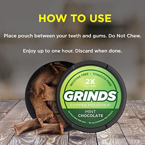 Grinds Coffee Pouches | 3 Cans of Mint Chocolate | Made in the USA | Tobacco Free, Nicotine Free Healthy Alternative | 18 Pouches Per Can | 1 Pouch eq. 1/4 Cup of Coffee (Mint Chocolate)