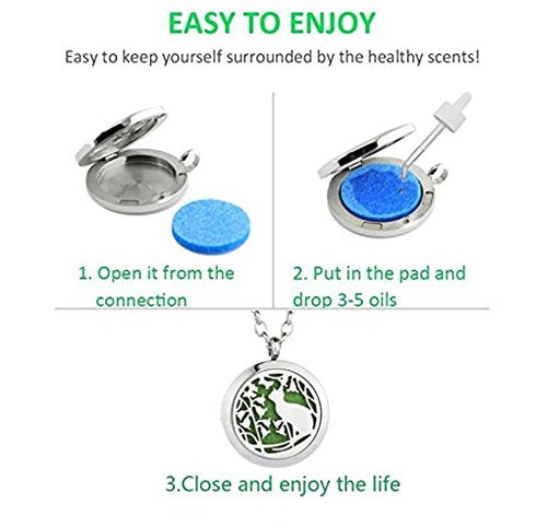 Aromatherapy Essential Oil Diffuser Stainless Steel 30MM Silver Magnetic Locket Pendant with Chain Necklace and Colored Refill Pads & Diffuser Bracelet all in a velvet bag (Cat)