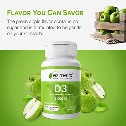 EZ Melts Vitamin D3 5000 IU Tablets - Vitamin D3 Dissolving Tablets for Improved Vitamin Intake - Vegan D3 Vitamins to Promote Bone Support - Zero Sugar Vitamin D3 Tablets - Apple Flavor - 90 Ct