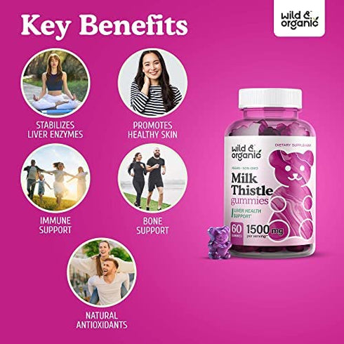 Wild & Organic Milk Thistle Gummies - Liver Cleanse & Repair Liver Supplement - Organic Silybum Marianum Herbal Supplements & Immune Support Gummy - Non-GMO 4:1 Extract - 60 Vegan Chews