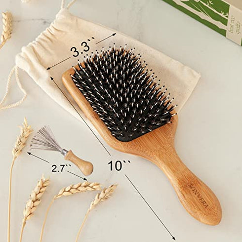 Boar Bristle Hair Brush Men Detangling Hair Brushes for Women Mens Paddle Brush Bamboo Wooden Bore Natural Hairbrush for Shine Soft Fine Hair Reduce Frizz Dry Improve Hair Texture