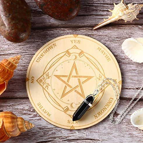 Star Pendulum Board Dowsing Divination Metaphysical Message Board Wooden Carven Board with a Crystal Dowsing Pendulum Necklace Witchcraft Wiccan Altar Supplies Kit (5.9 inches)