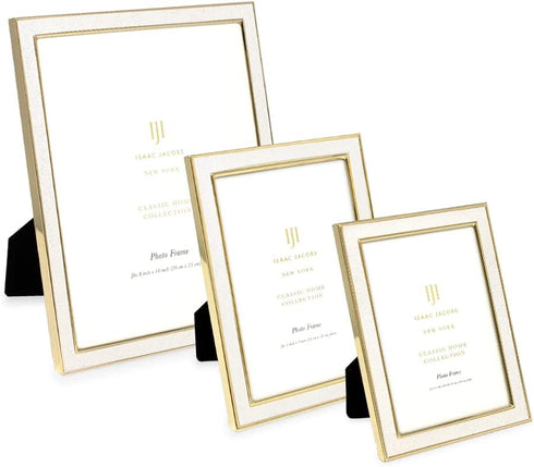 Isaac Jacobs 5x7 White Textured Leather (Vertical & Horizontal) & Gold Metal Picture Frame, with Black Fabric Easel, Wall-Mountable, Made for Tabletop, Wall-Hanging, Home or Office (5x7, White W/ Gold)