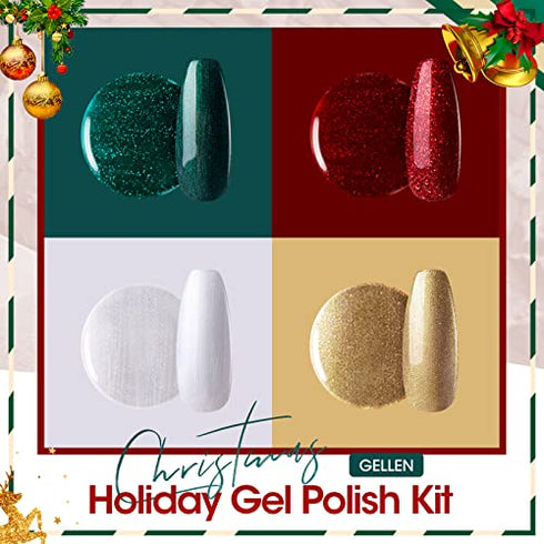 Gellen Christmas Gel Nail Polish Set - 4 Colors Forest Green, Flame Red, Sparkle Gold, Snow White, Popular Gel Nail Art Colors Home Manicure Kit, Color Nail Polish Kit