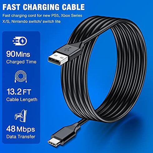 13.2 Ft PS5 Controller Charging USB C Cable Replace Charger Cable for PS5 Charging Station Dock, 90 Mins Fast Plug Charging Cord Compatible with Playstation 5/Xbox Series Wireless Remote Control Black