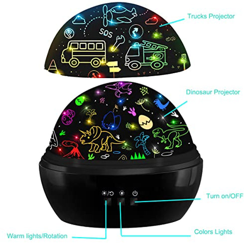 MINGKIDS Kids Night Light Dinosaur and Cars Projector 360 Degree Rotation - 4 LED Bulbs 9 Light Color Changing with USB Cable,Dinosaur Toys Gifts for Boys Girls