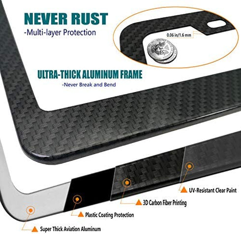 Aootf License Plate Frame Carbon Fiber- Black Aluminum Car Tag Holder Cover Printed Carbon Pattern with Stainless Steel Screws Caps, Front & Rear 2 Pack
