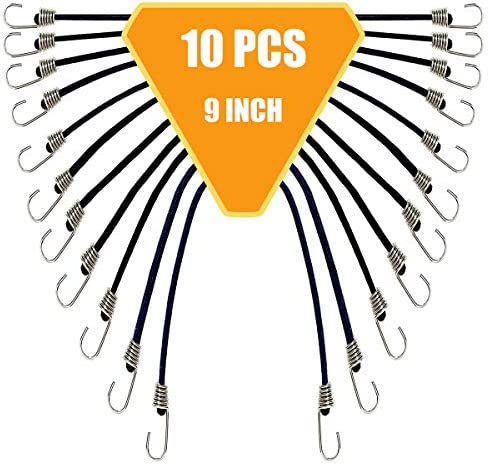 10 Pack Mini Bungee Cords with Hooks, 9 Inch Rubber Stretchy Bungee Cords with Carabiner Hooks for Camping, Tools, Tarps (Black)