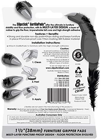 Slipstick GorillaPads CB149 Non-Slip Furniture Pads/Rubber Grippers (Set of 8) Self-Adhesive Furniture Feet Floor Protectors, 1-1/2 inch Round, Black