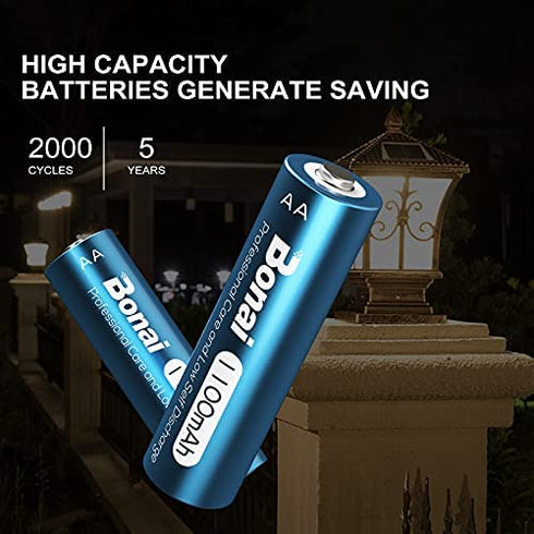 BONAI Solar AA Rechargeable Batteries, High Capacity 1100mAh NiMH Battery for Outdoor Solar Lights 1.2V Pre Charged Double-A Batteries (AA 20 Pack)…