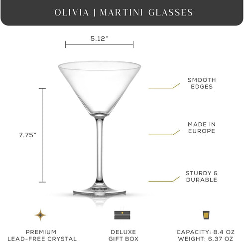 JoyJolt Olivia Crystal Martini Glasses - Premium Glassware Set Made in Europe - 9.2 oz Tall Martini Glasses - Elegant Cocktail Glasses - Set of 2 Martini Glass for Drinks such as Martini or Manhattan