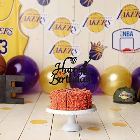 Vivicraft Basketball Theme Cake Topper for Boy Birthday Decorations, Double Sided Glittery Happy Birthday Basketball Cake Toppers for Party Supplies (1pcs, Black)