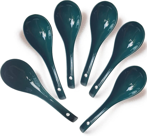 Chinese Soup Spoons Ceramic Asian Japanese Serving Spoon QHC KOCK 6.8 Inch blackish green Deep Porcelain Pho Spoon for Home Kitchen Supplies, Ramen Wonton Dumpling Miso, Noodle, Wontons