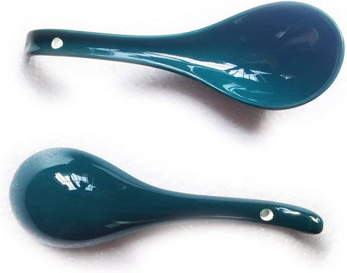 Chinese Soup Spoons Ceramic Asian Japanese Serving Spoon QHC KOCK 6.8 Inch blackish green Deep Porcelain Pho Spoon for Home Kitchen Supplies, Ramen Wonton Dumpling Miso, Noodle, Wontons