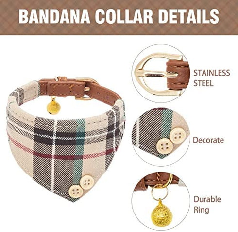 Bow Tie Dog Collar and Leash Set for Small Dogs - Puppy Leash Collars Classic Beige Plaid - Adjustable Size with Golden Bell - Perfect for Small Breeds Boys