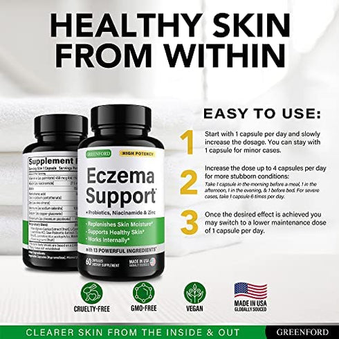 Eczema Treatment & Support for Natural Relief - Made in USA Dupixent Alternative - Skin Vitamins & Herbals for Eczema, Acne, Psoriasis, Rosacea Treatment with Zinc, Niacinamide & Probiotics - 60 caps
