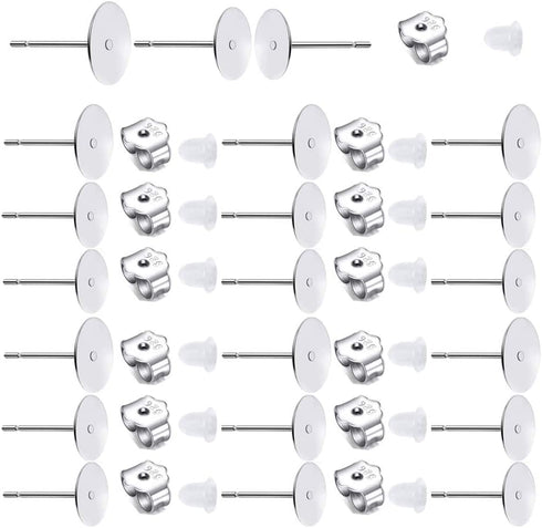 190 PCS Hypoallergenic 925 Sterling Silver Plated Earrings Posts Flat Pad Blank Earrings Pin Studs with 925 Sterling Silver Earring Backs for DIY Jewelry Making Findings( 5mm 6mm 8mm)