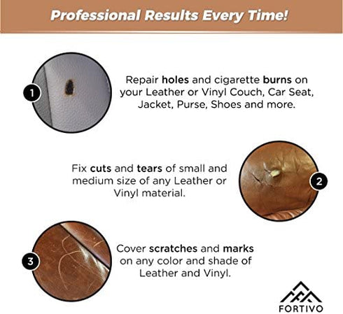 FORTIVO Brown Leather Repair Kits for Couches - Vinyl Repair Kit | Furniture, Car Seats, Sofa, Jacket, Purse, Belt, Shoes | Genuine, Italian, Bonded, PU, Leather |No Heat Required | Repair & Restore