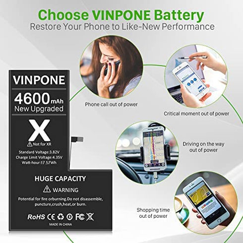 Battery for iPhone X,Upgraded 4600mAh Ultra High Capacity New 0 Cycle Replacement Battery for iPhone X Model A1865, A1901, A1902 with Complete Professional Repair Tool Kit