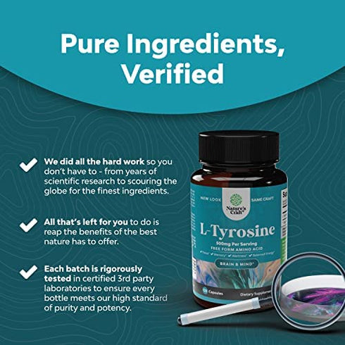 Potent L Tyrosine 500mg Capsules - Amino Acid Nutritional Supplement for Brain Health Thyroid Support - L-Tyrosine 500mg Brain Supplement for Memory and Focus Support