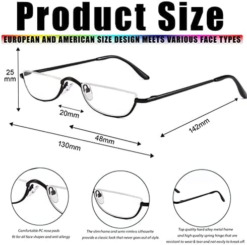 Viseng 2 Pairs Half Frame Reading Glasses for Women Men Slim Half Moon Lens Readers Metal Semi Rimless eyewear +3.0