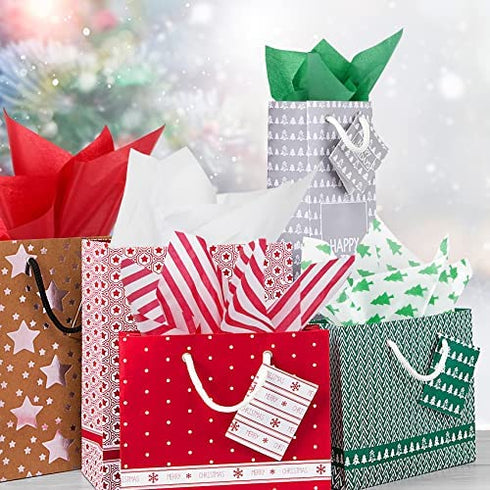Blisstime Christmas Tissue Paper Gift Wrapping Paper, 120 Sheets, 13.5" X 19.5", White, Red, Green, Red Stripe, Christmas Trees Design