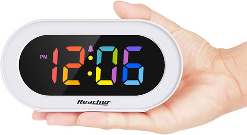 Reacher Small Colorful LED Digital Alarm Clock with Snooze, Simple to Operate, Full Range Brightness Dimmer, Adjustable Alarm Volume, Outlet Powered Compact Clock for Bedrooms, Bedside, Desk, Shelf