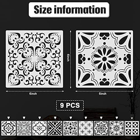 9 Pieces Floor Painting Stencils Large Tile Stencils Wall Drawing Pattern Templates Floor Stencils Kit in 9 Styles for Painting Linoleum Floor Wall Wood Tiles Cement Decor (Simple Style,6 x 6 Inch)