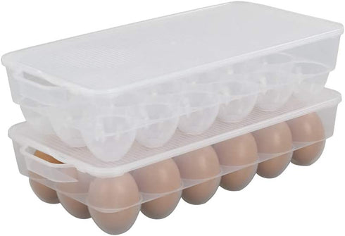 Teyyvn 2-Pack Clear Refrigerator Plastic Egg Holder Storage Bin with Lid, Stores 18 Eggs, F