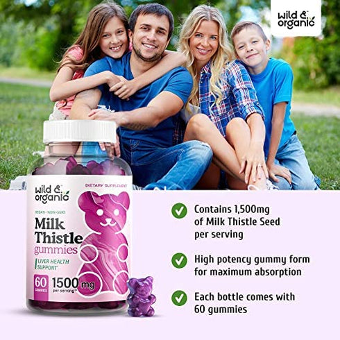 Wild & Organic Milk Thistle Gummies - Liver Cleanse & Repair Liver Supplement - Organic Silybum Marianum Herbal Supplements & Immune Support Gummy - Non-GMO 4:1 Extract - 60 Vegan Chews