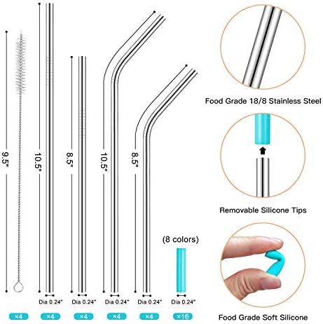 StrawExpert Set of 16 Reusable Stainless Steel Straws with Travel Case Cleaning Brush Silicone Tips Eco Friendly Extra Long Metal Straws Drinking for 20 24 30 oz Tumbler