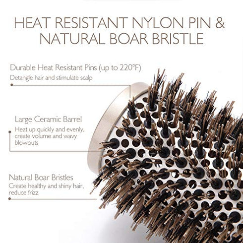 Baasha Medium Round Brush 2 Inch, Boar Hair Brush Round for Women, Professional Ceramic Barrel Hair Brush With Boar Bristle, Round Brushs for Blow Drying Medium Length, Roller Round Brushs for Flip