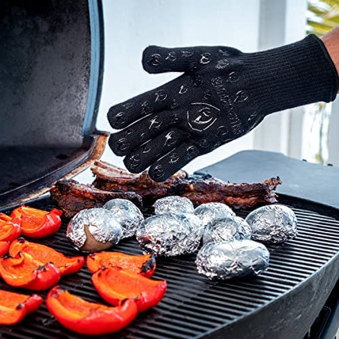 GRILL ARMOR GLOVES – Extreme Heat Resistant Oven BBQ Gloves for Cooking, Grilling, Baking – Handle Hot Items on Smoker, Air Fryer, Cast Iron Etc – Mitts with Fingers – Kitchen or Barbecue Gift Set