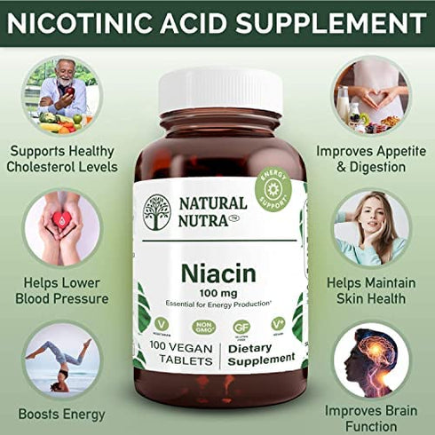 Natural Nutra Niacin as Nicotinic Acid (Vitamin B3) Supplement for Boost Energy, Improves Digestion, Brain Function Healthy, Non-GMO, Gluten-Free, 100 mg, 100 Tablets