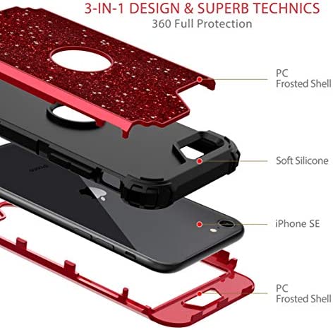Hekodonk for iPhone SE 2022/2020 Case, Heavy Duty Shockproof Protection Hard Plastic+Silicone Rubber Hybrid Protective Case for iPhone SE 3rd/2nd Generation/iPhone 8/7 4.7" Bling Red