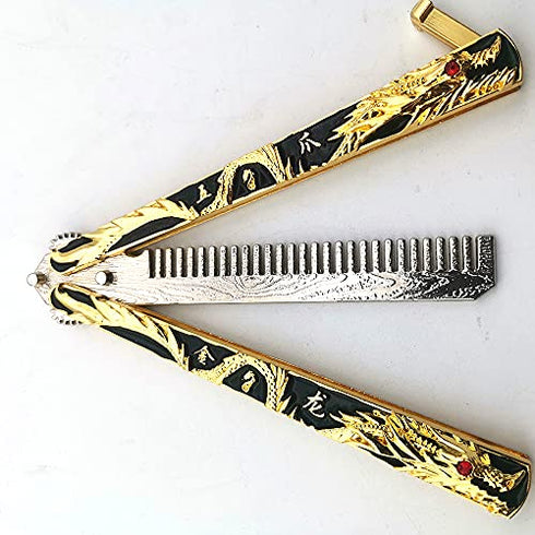 WANLIAN Dragon Butterfly Comb Trainer-Balisong Comb,Butterfly Comb Stainless Steel Folding Training Practice Combs Hair Styling Tools for Sport Outdoor Use (Black gold dragon)