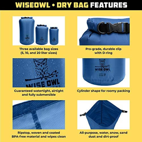 Wise Owl Outfitters Waterproof Dry Bag - Fully Submersible 1pk or 3pk Ultra Lightweight Airtight Waterproof Bags - 5L, 10L and 20L Sizes - Diamond Ripstop Roll Top Drybags