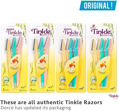 Dorco Tinkle Eyebrow Razor, Hair Trimmer Shaver and Tough Up Tool, Facial Razor with Safety Cover, 6 Razors | Dermaplaning Razor Tool | Skincare Party Favors | Dermaplaning Tools Beauty Stocking Stuffers Gift