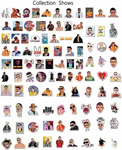 Kilmila Bad Pop Singer Bunny Stickers (100Pcs with Rabbit Keychain Pendant Decor) Gifts Bad Pop Singer Bunny Merch Part Supplies Vinyl Sticker Guitar Travel Case Sticker Decor Laptop Stickers
